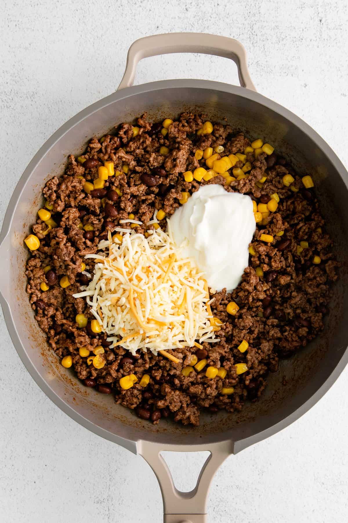 ground beef taco meat in skillet.