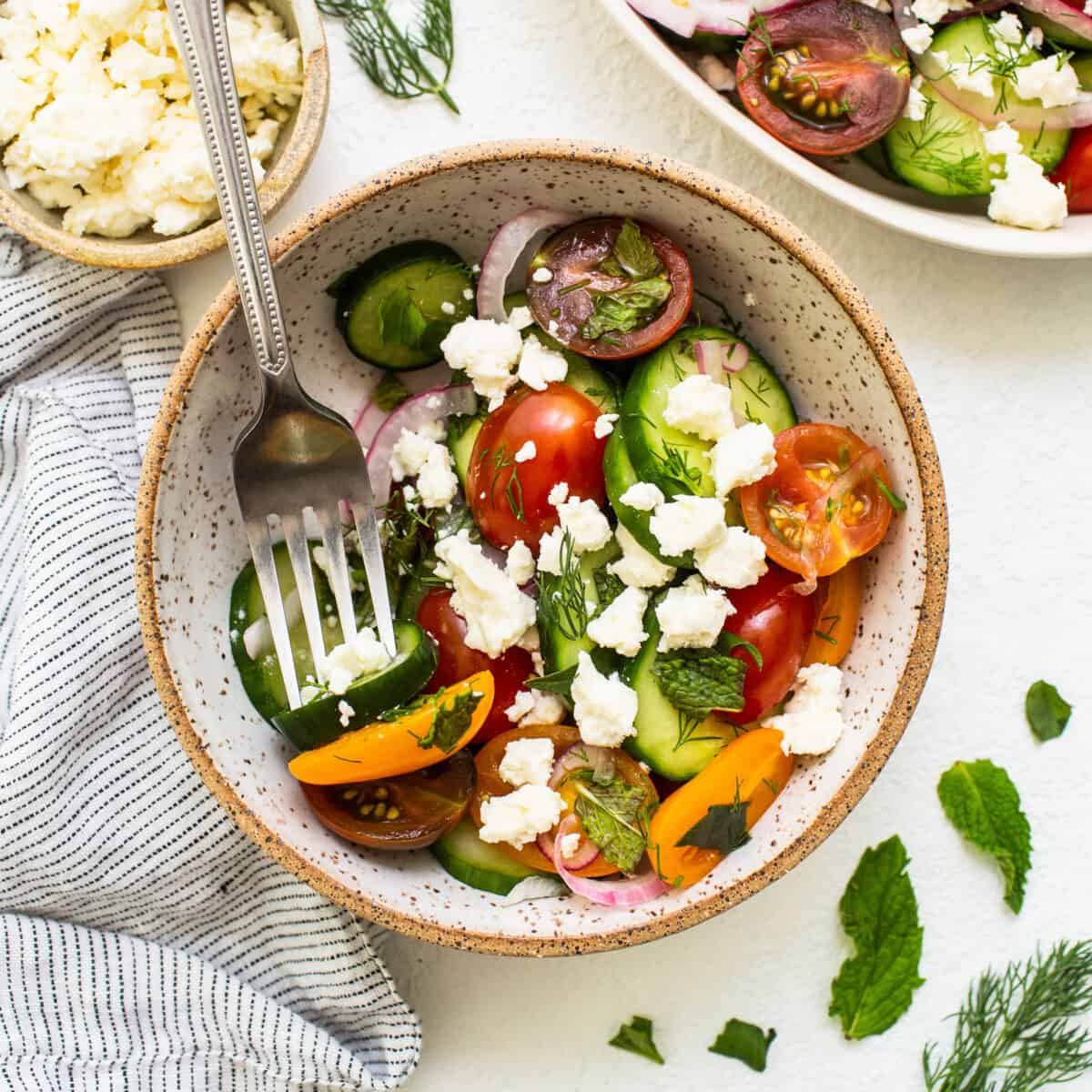 Cucumber tomato salad in a bowl.