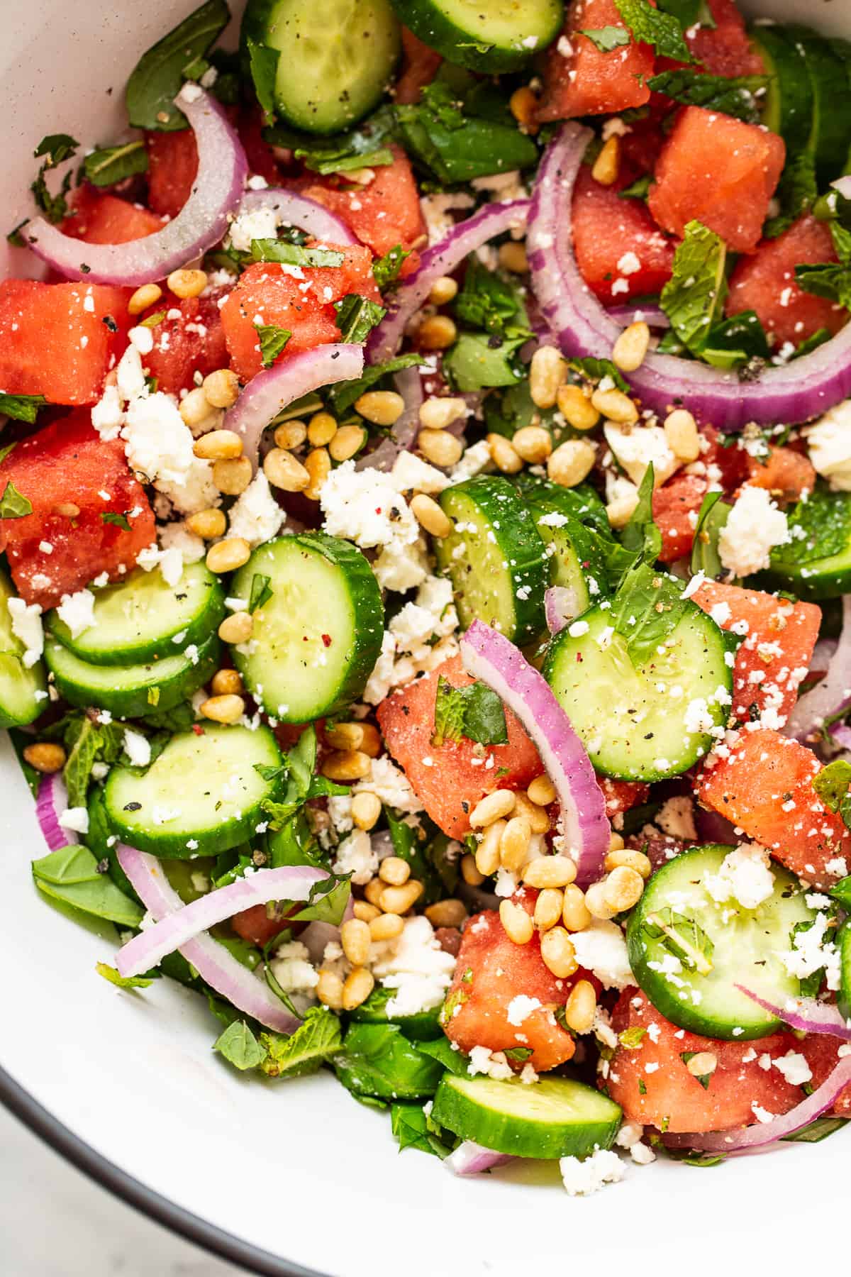 watermelon salad in large bowl.