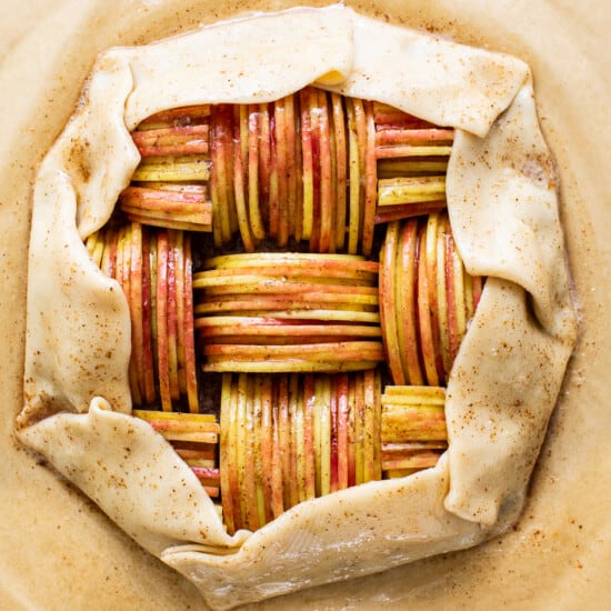apple galette in cutting board.