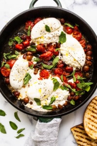 burrata appetizer in skillet.