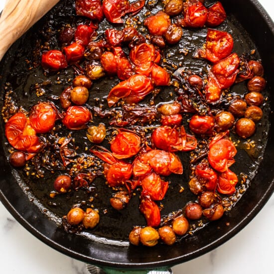 cooked tomatoes in skillet.