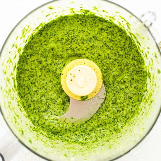 Green sauce in a food processor.