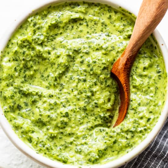 green sauce in bowl.