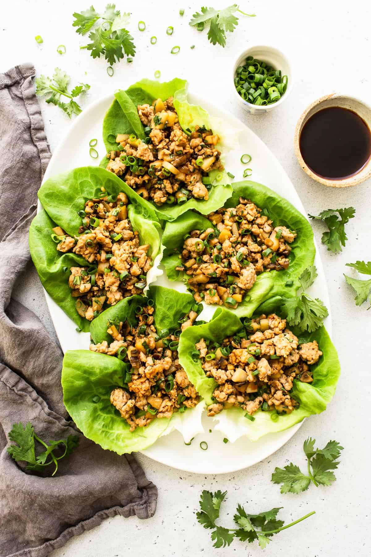 ground chicken lettuce wraps on platter.