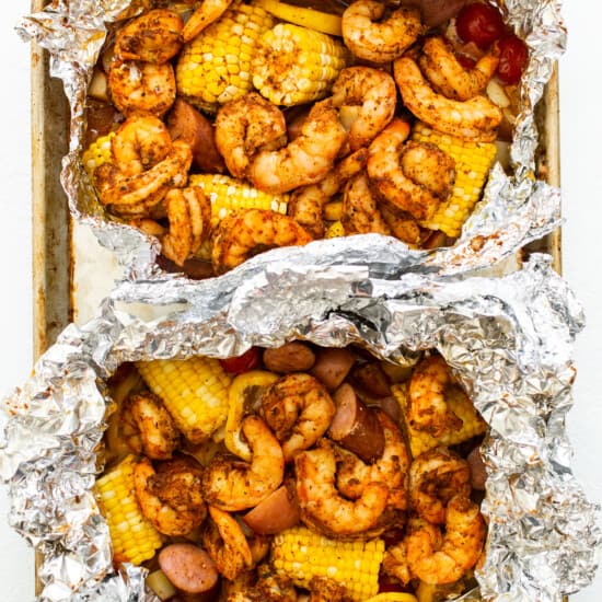All or the ingredients for these shrimp packets go into two foil packs.