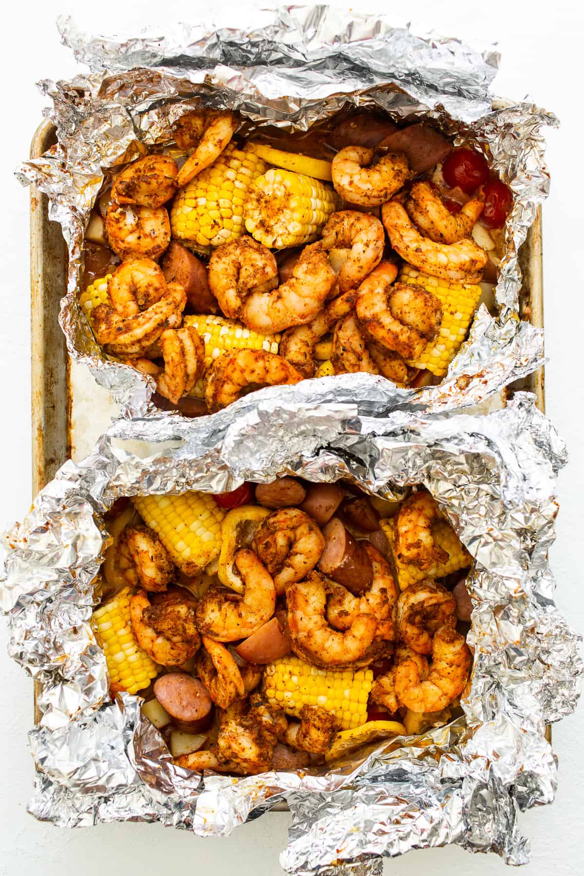 All or the ingredients for these shrimp packets go into two foil packs.