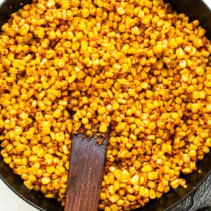 corn in frying pan.
