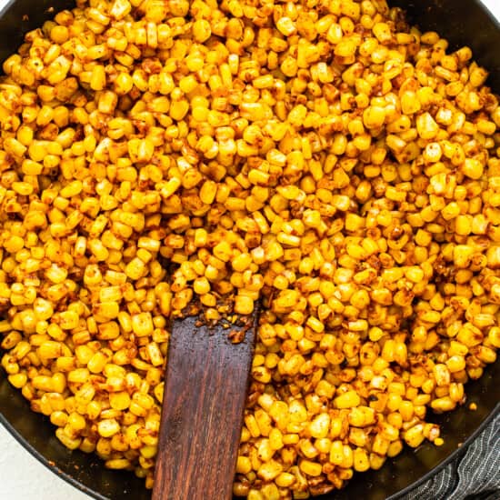 corn in frying pan.