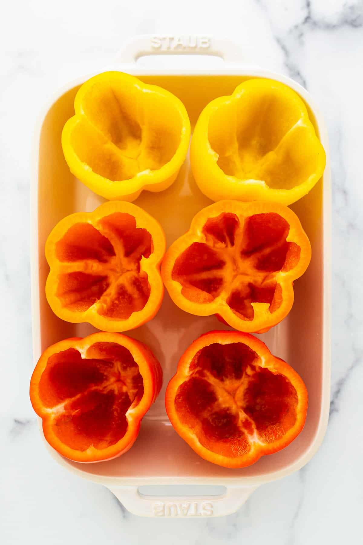 Bell peppers in a casserole dish.