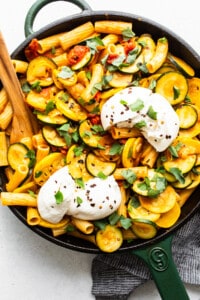 Burrata cheese on top of pasta.