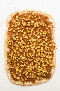 A pizza covered in cinnamon and sugar on a white surface.