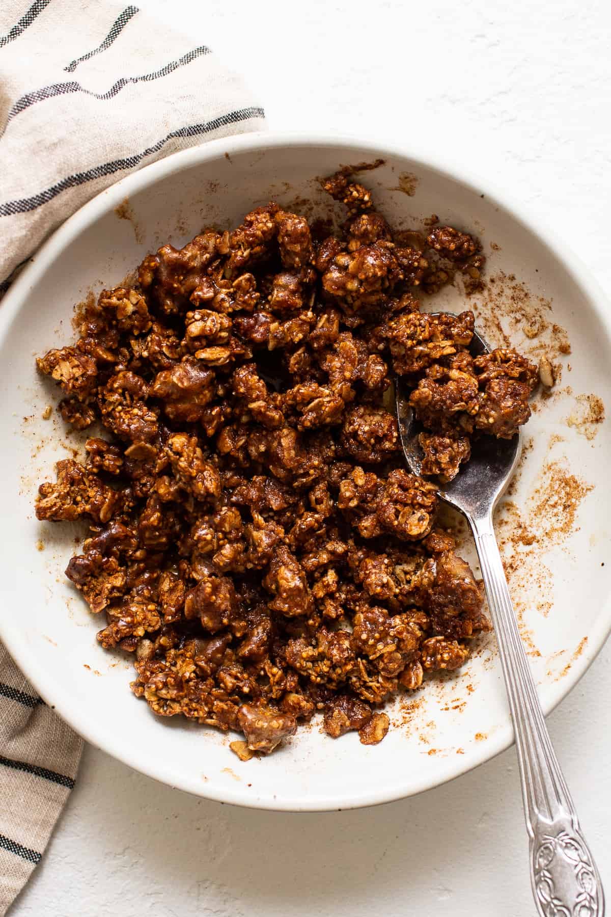 Baked apple streusel filling in a bowl.