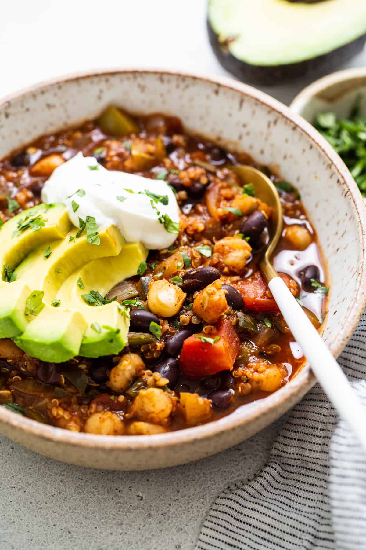 quinoa chili in bowl.