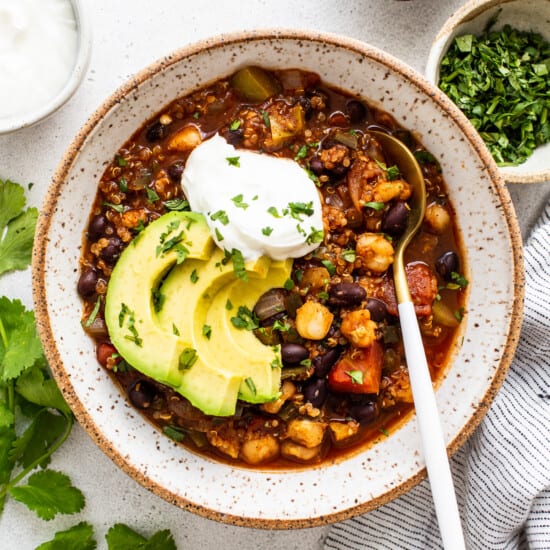 quinoa chili in bowl.