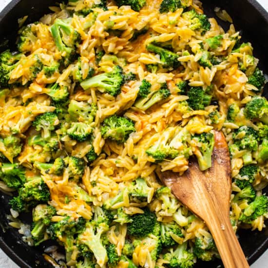 broccoli cheese casserole in skillet.