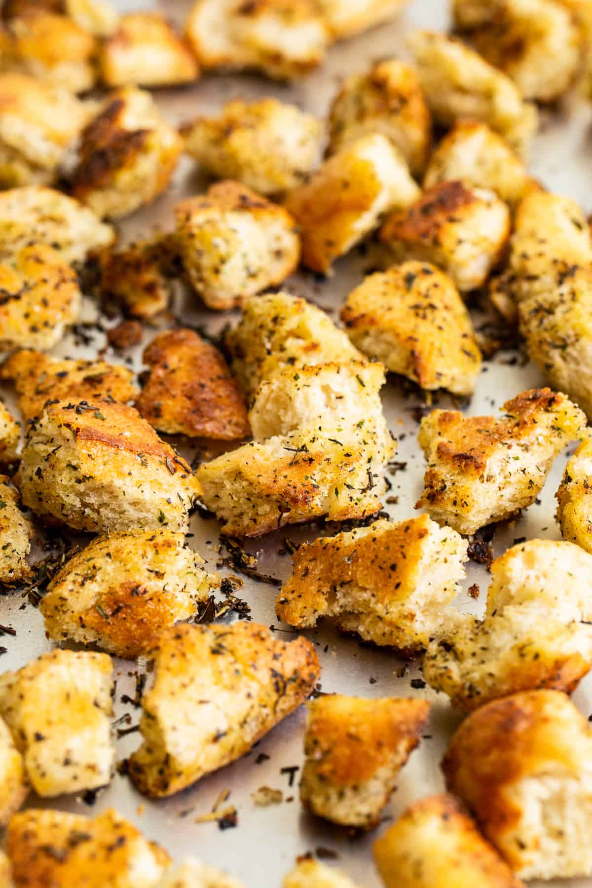 croutons on baking sheet.