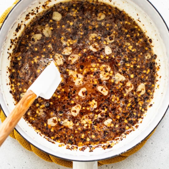 hot honey in pan.