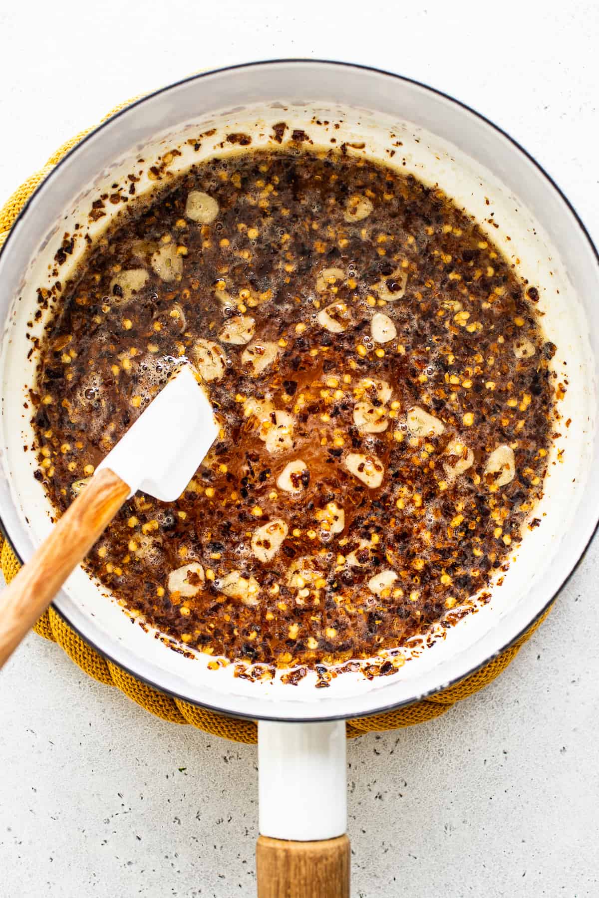 Hot honey in pan.