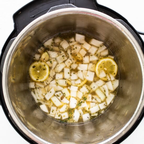 liquid and onions in instant pot.