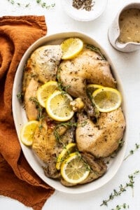 instant pot whole chicken on plate.