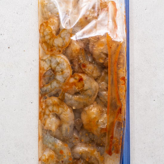 shrimp in bag with marinade.
