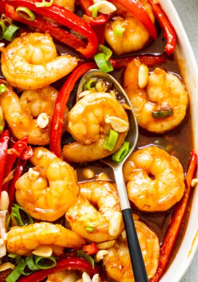 kung pao shrimp in serving dish.