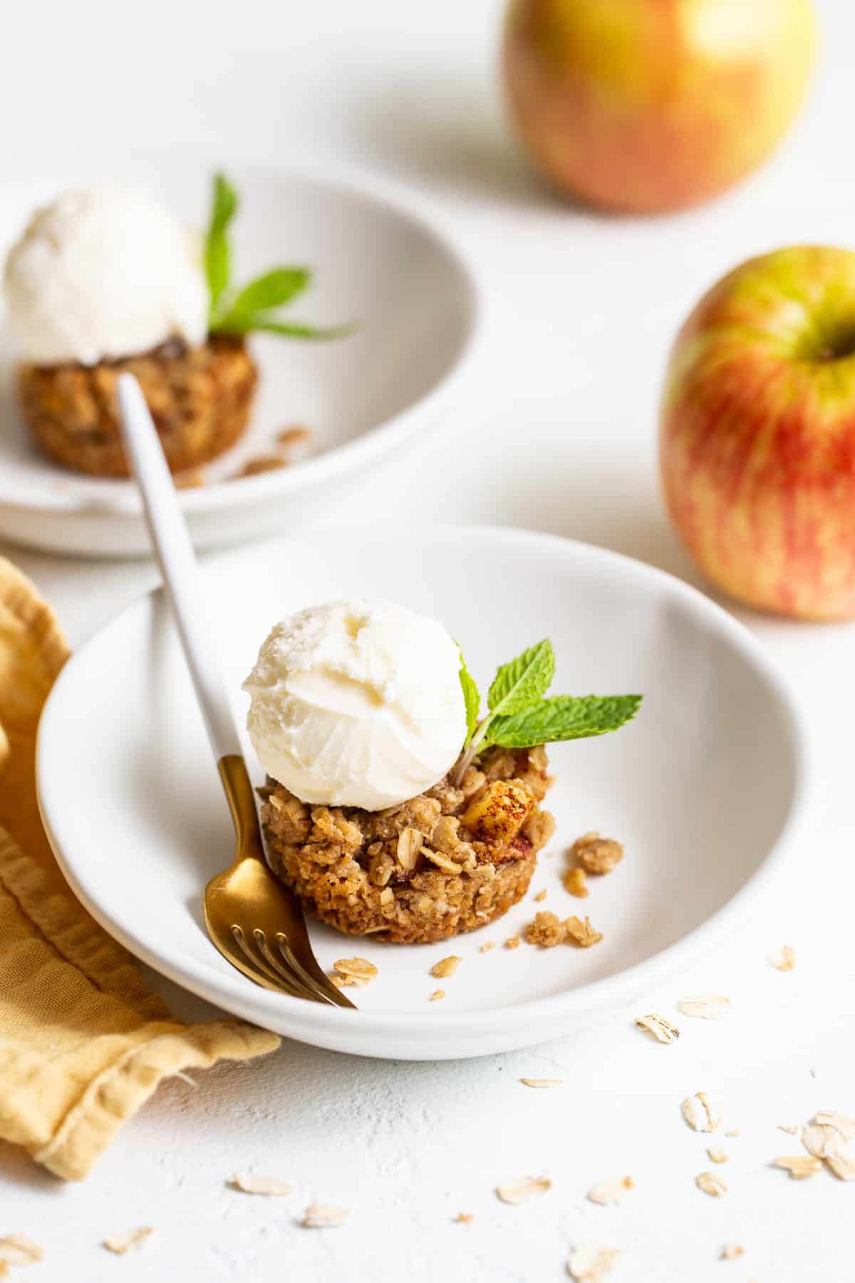 mini apple crisp in bowl.