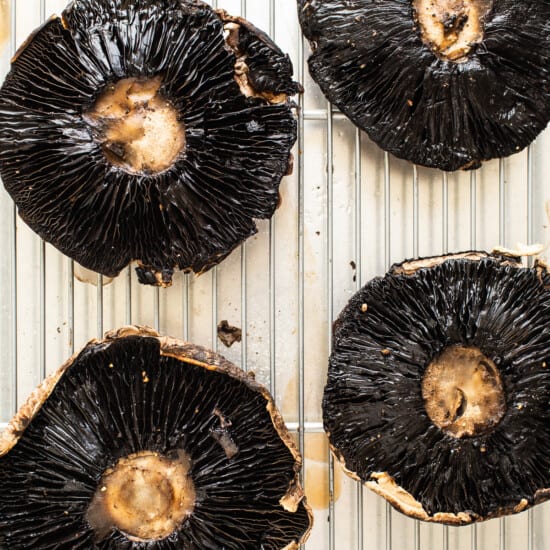 Funghi Portobello su una teglia.