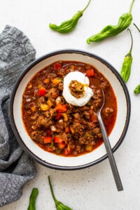 Texas Chili with with sour cream on the top.