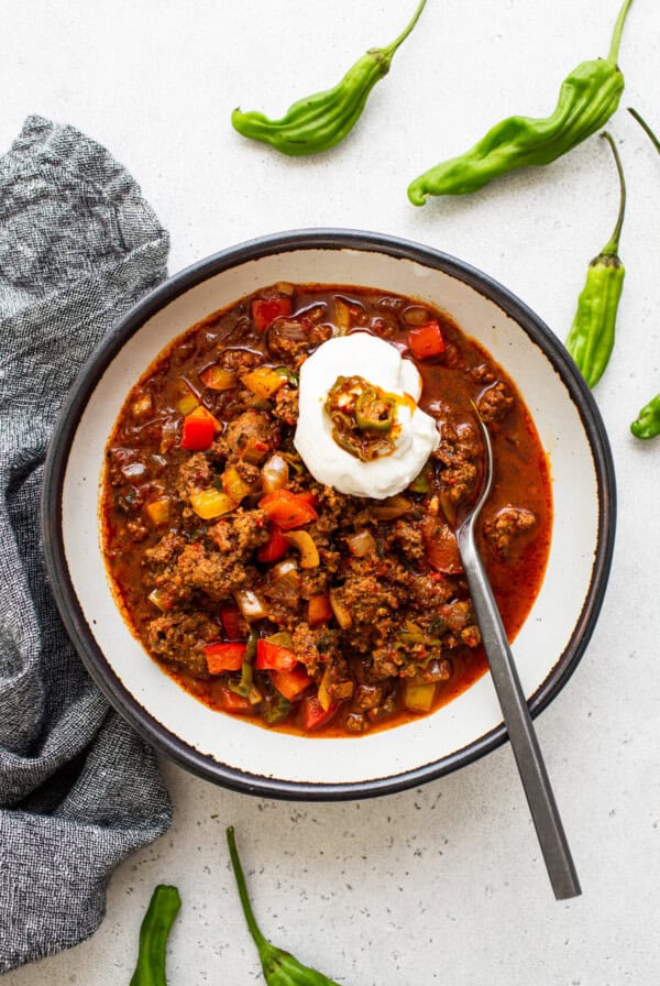 Texas Chili with with sour cream on the top.