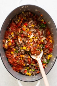 All the ingredients for Texas chili in a pot.