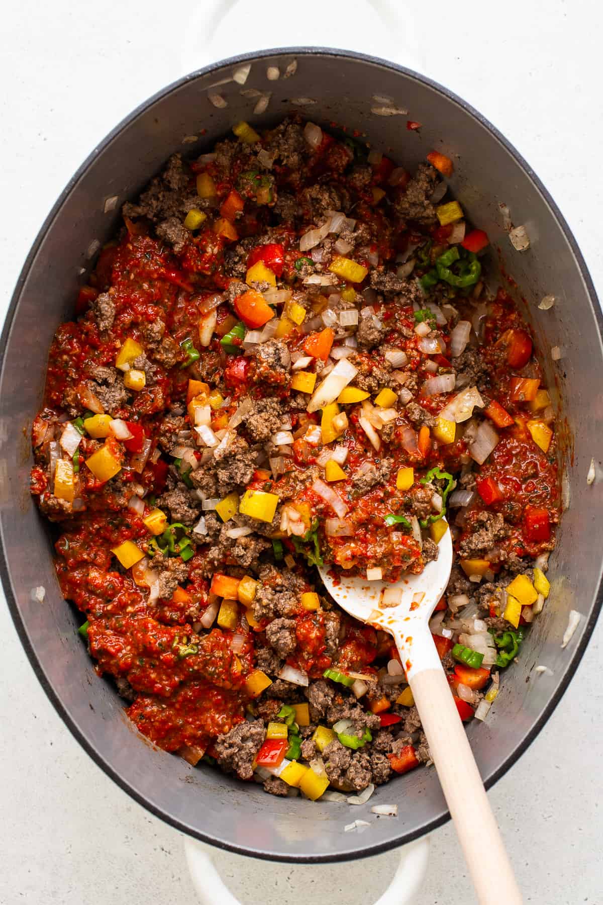 All the ingredients for the Texas chili in a pot. 