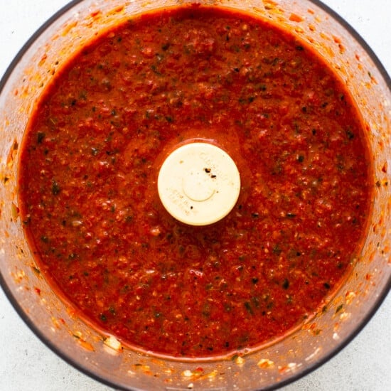Red pepper sauce in a food processor.