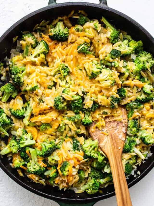 Broccoli Cheese Orzo Skillet - Fit Foodie Finds