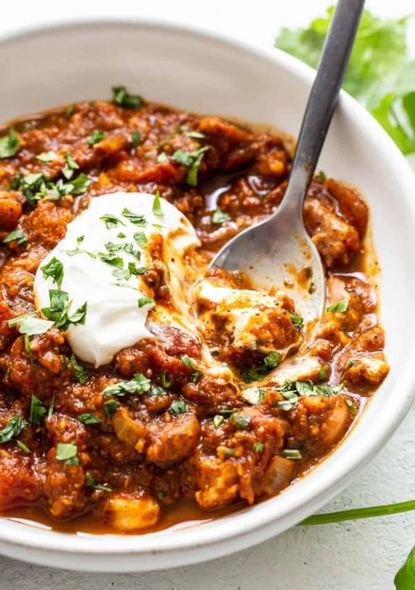 a bowl of pumpkin turkey chili