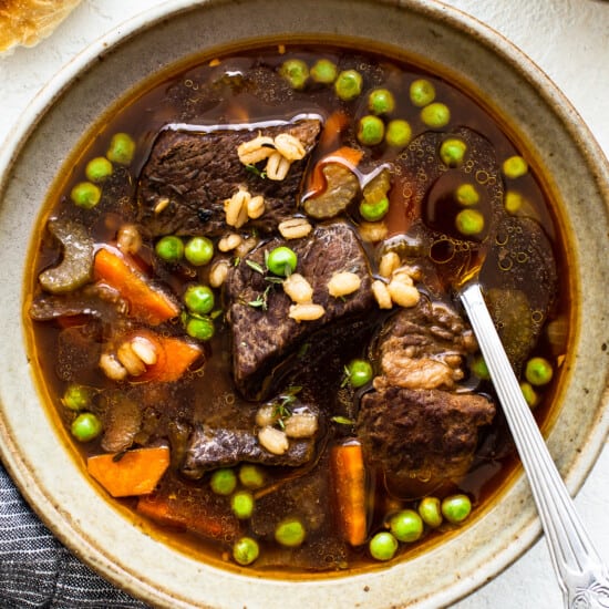beef and barley soup in bowl.