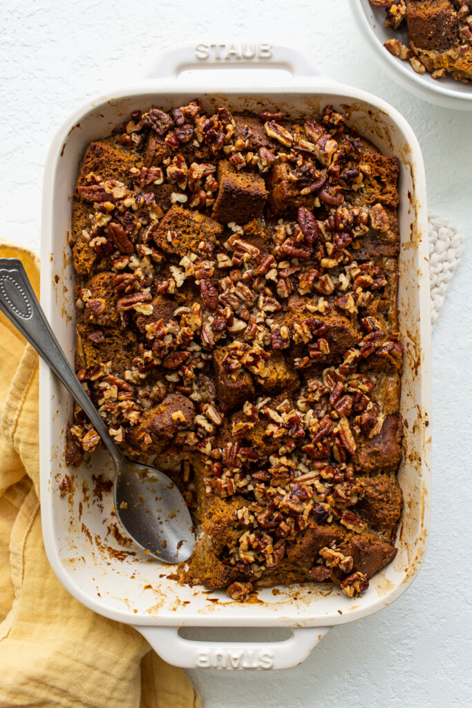 bread pudding in casserole dish.