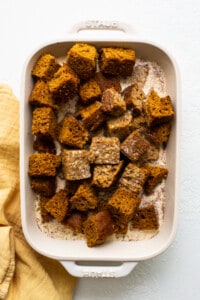 pumpkin bread pieces in egg.