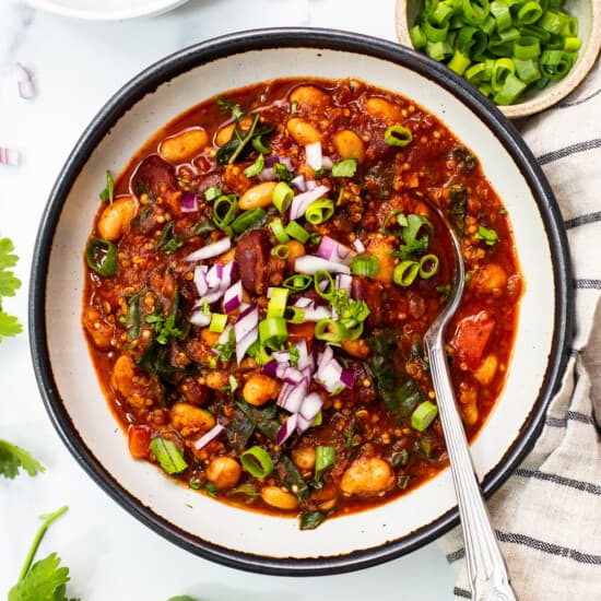 quinoa chili in bowl.