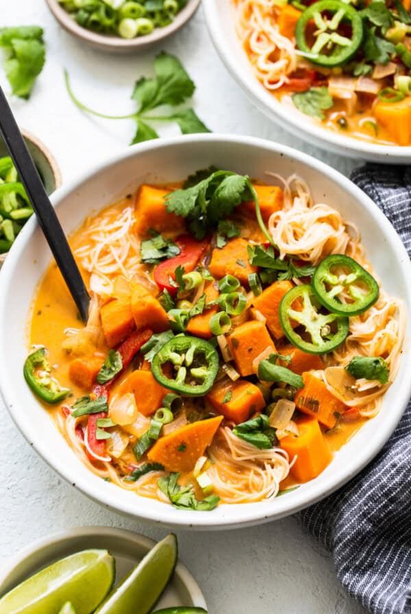 Coconut curry soup in a bowl.