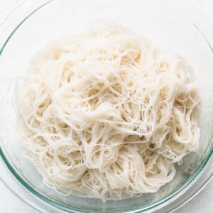 Rice noodles in a bowl.