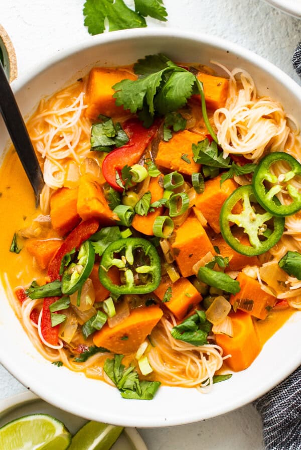 Coconut curry soup in a bowl.