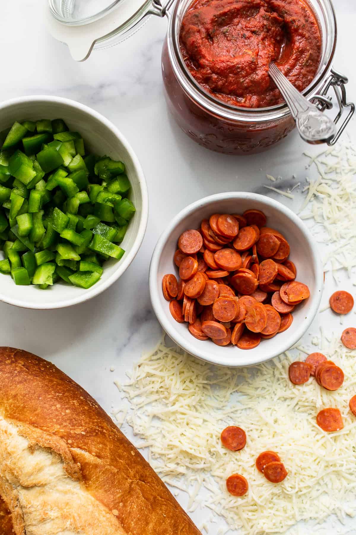 Ingredients for french bread pizza.