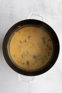 broccoli cheddar soup in pot.