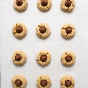 Peanut butter cookies on a baking sheet.