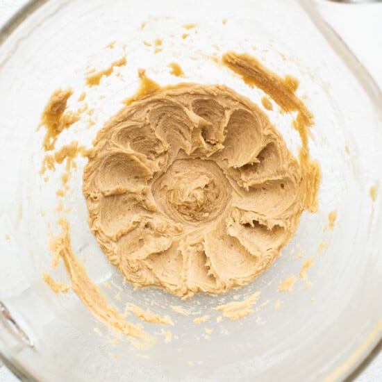 Peanut butter in a glass bowl.