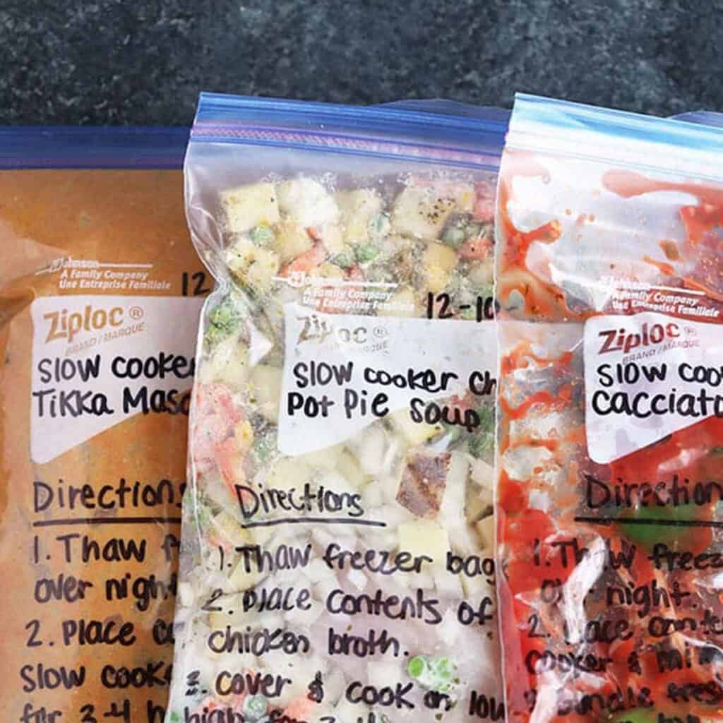 freezer meals in plastic bags.
