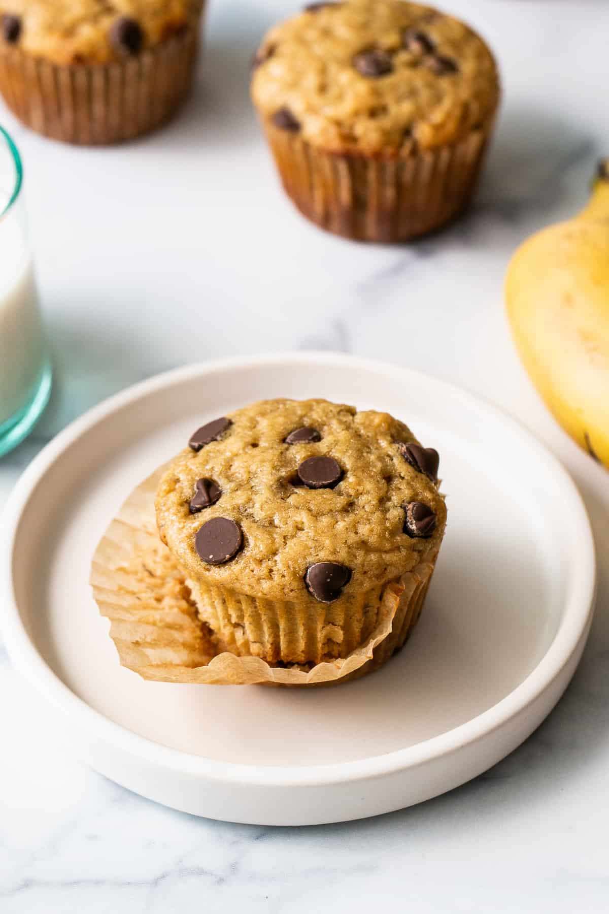Banana bread muffin on a plate.