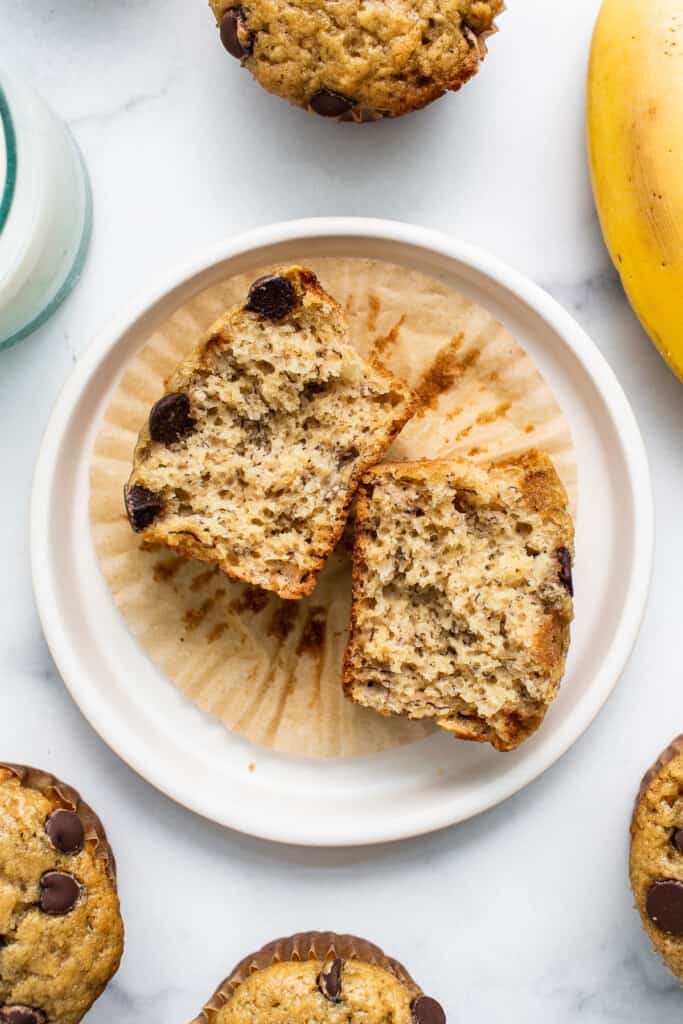 Banana bread muffin cut in half.